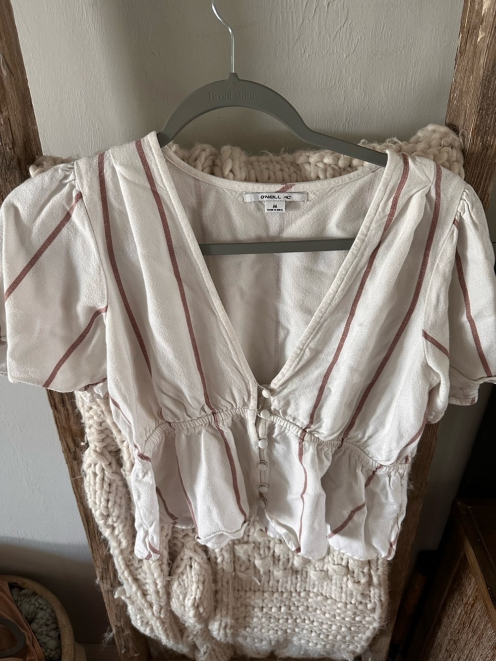 O'Neill White Top with -Beige Stripes V-Neck Peplum
